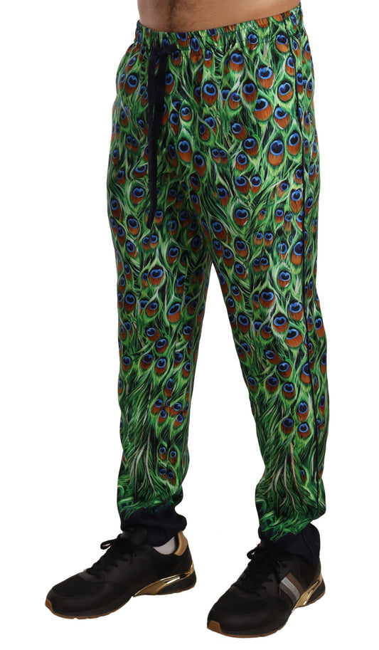 Elegant Green Silk Lounge Trousers with Peacock Print