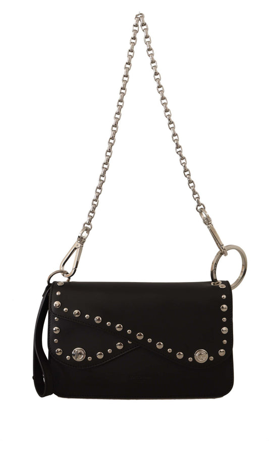 Elegant Black Leather Shoulder Bag with Silver Detailing