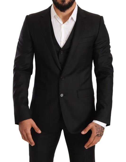 Elegant Black Striped Wool Three-Piece Suit
