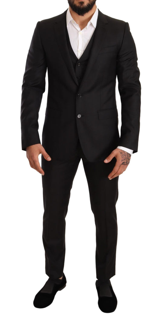 Elegant Black Striped Wool Three-Piece Suit