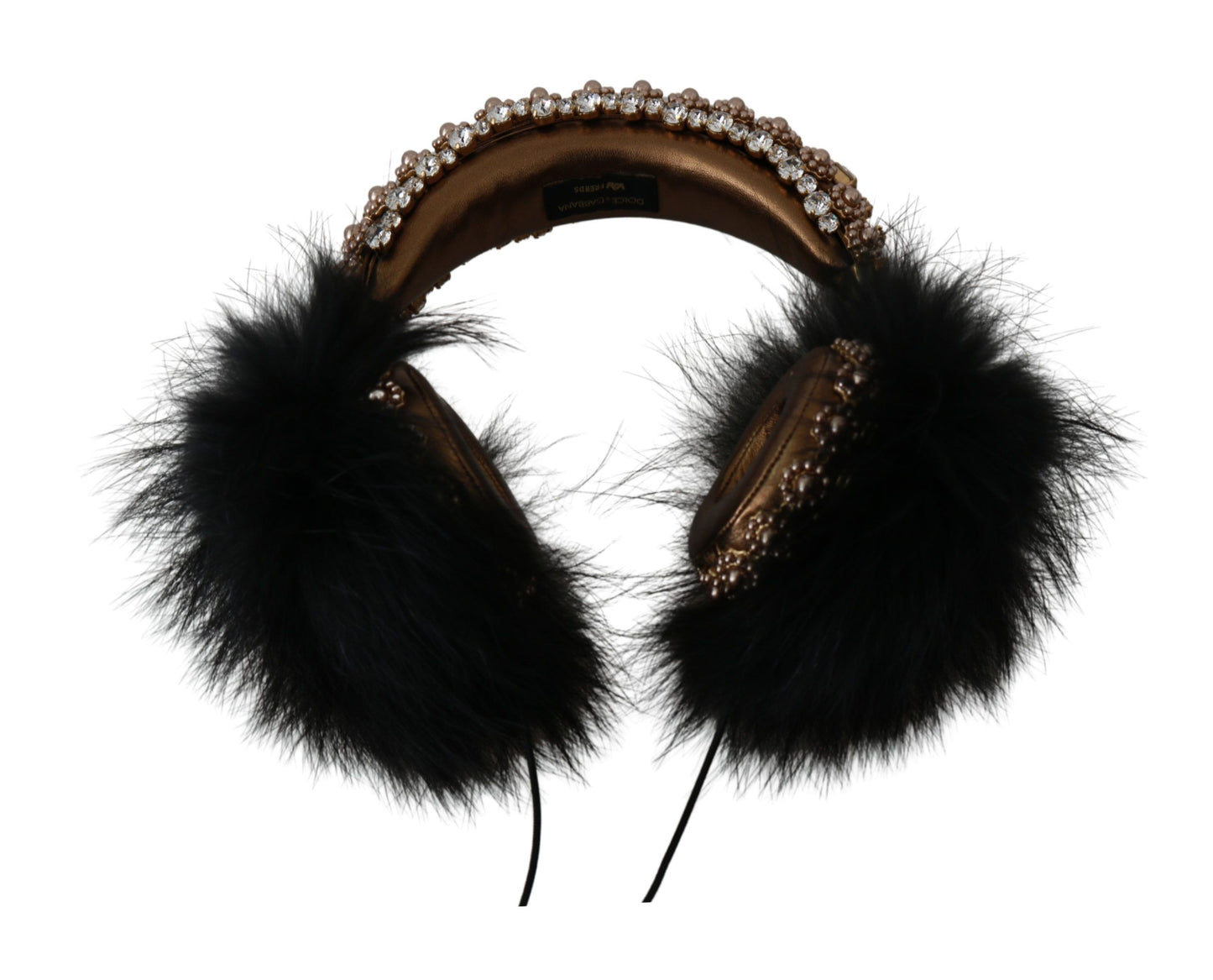 Gold Black Crystal Fur Headset Audio Headphones