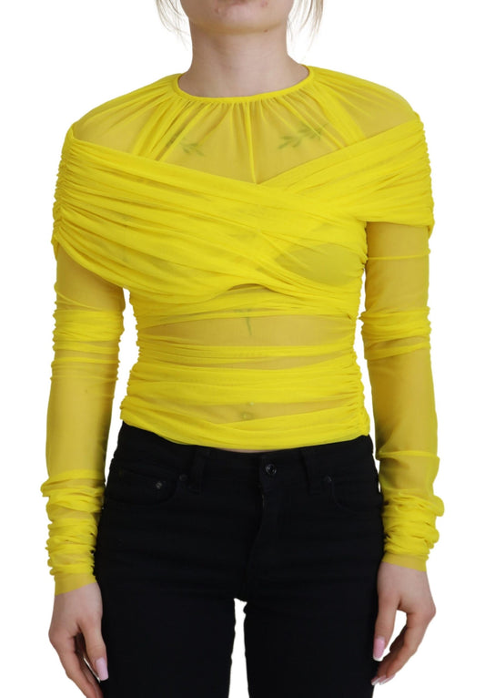 Chic Sheer Yellow Mesh Long Sleeve Top