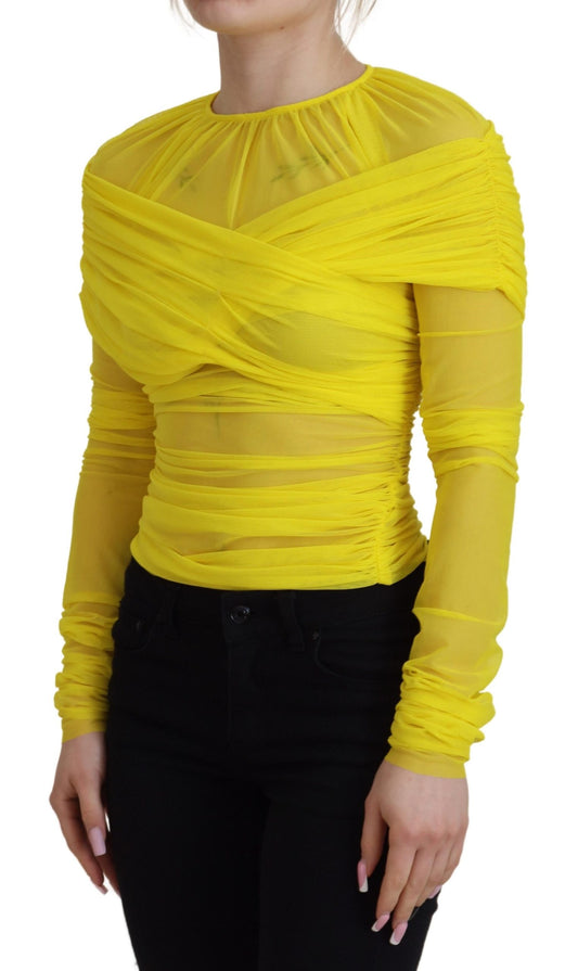 Chic Sheer Yellow Mesh Long Sleeve Top