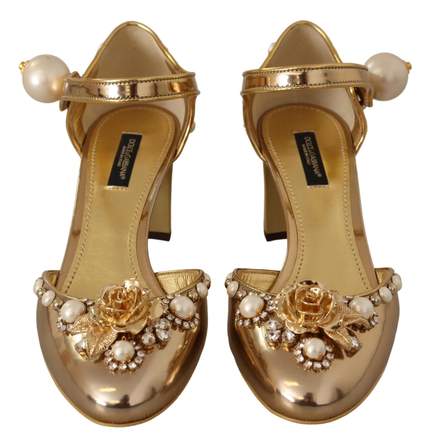 Elegant Gold Leather Block Heels with Crystals