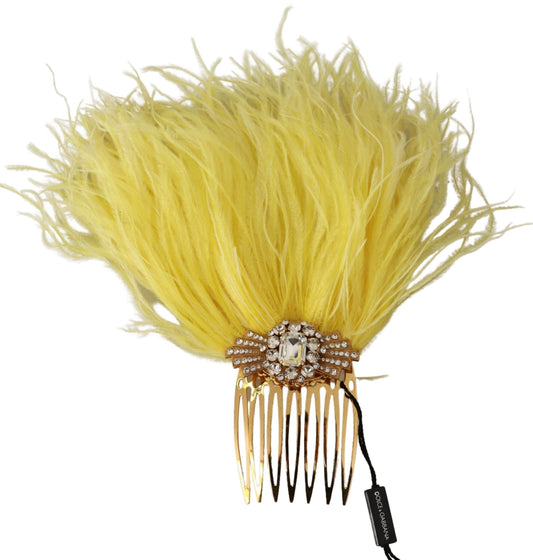 Crystal Gold Hair Comb with Yellow Ostrich Feather