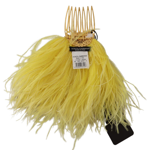 Crystal Gold Hair Comb with Yellow Ostrich Feather