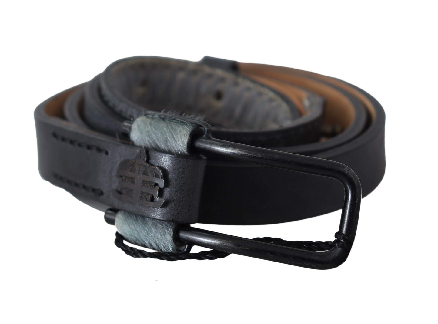 Gray Leather Fur Black Logo Buckle Belt