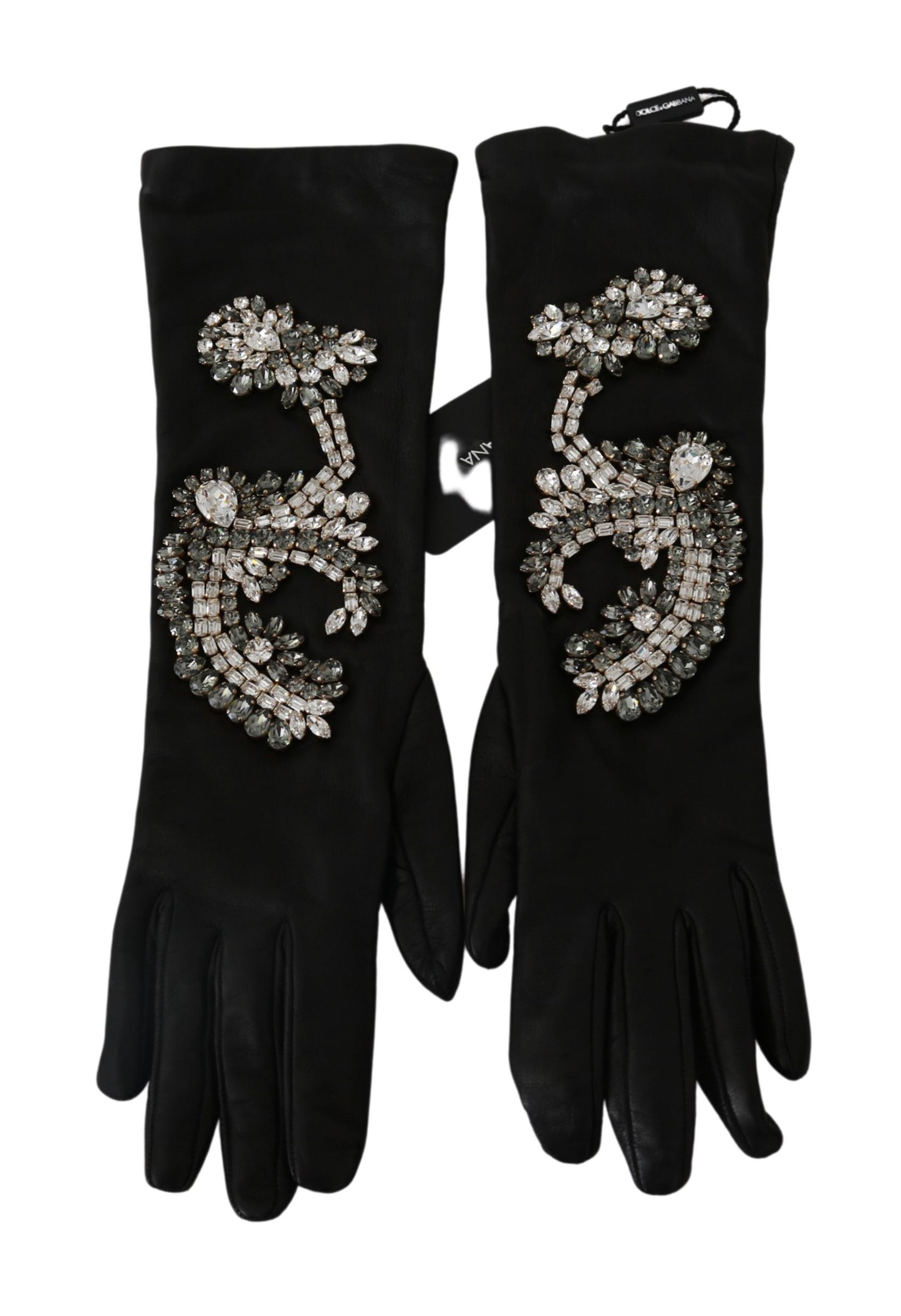 Black Leather Lamb Skin Crystal Gloves