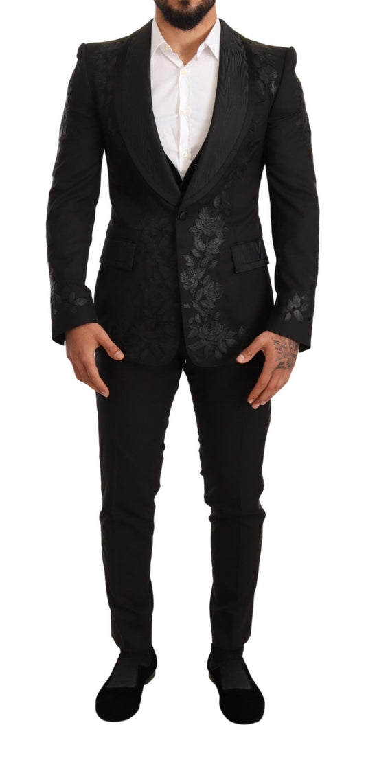 Elegant Black Floral Wool Blend Three-Piece Suit