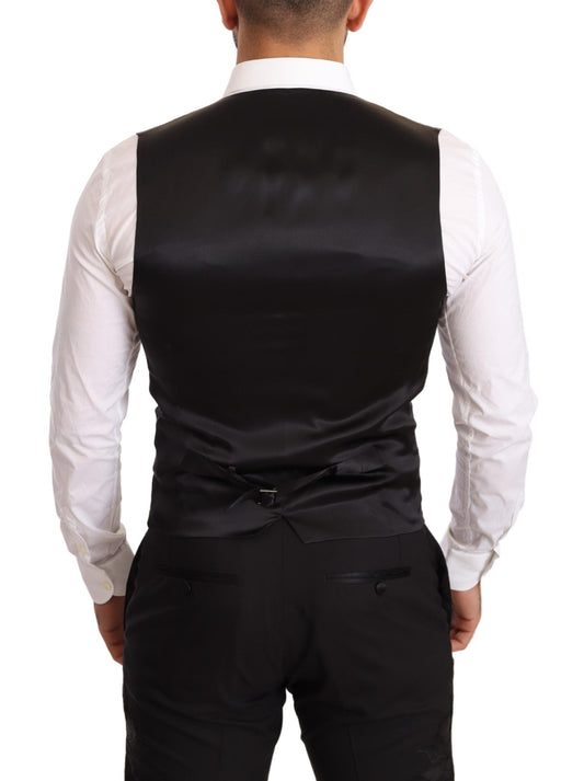 Elegant Black Floral Wool Blend Three-Piece Suit