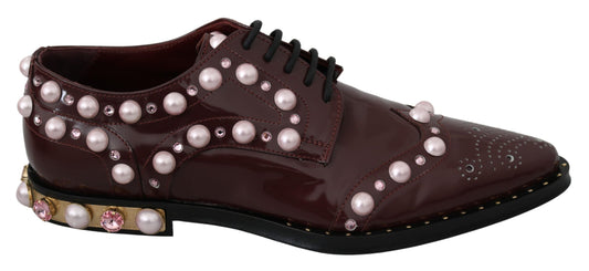 Elegant Bordeaux Lace-Up Flats with Pearls and Crystals