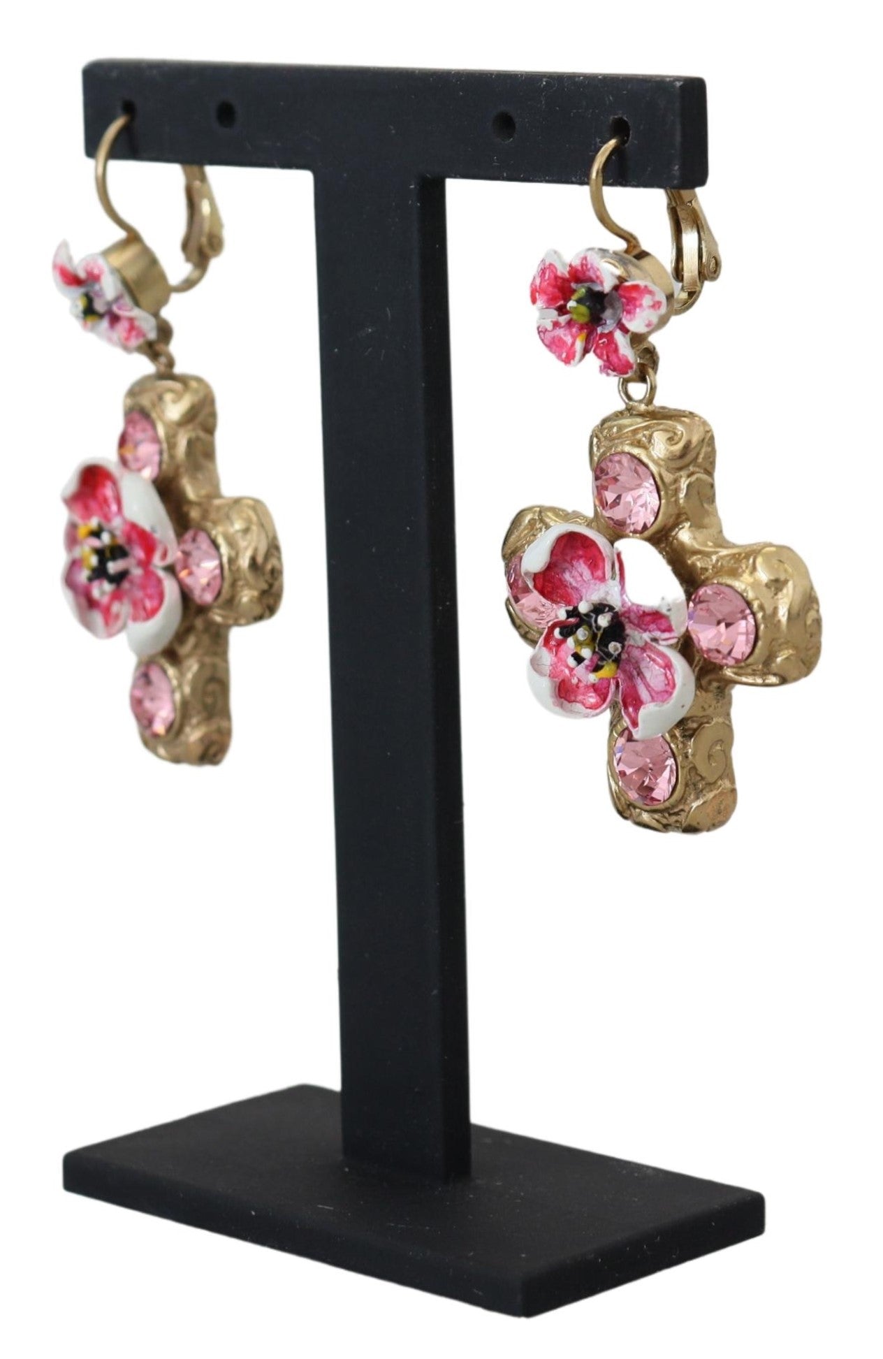 Gold and Pink Sicily Cross Dangling Earrings