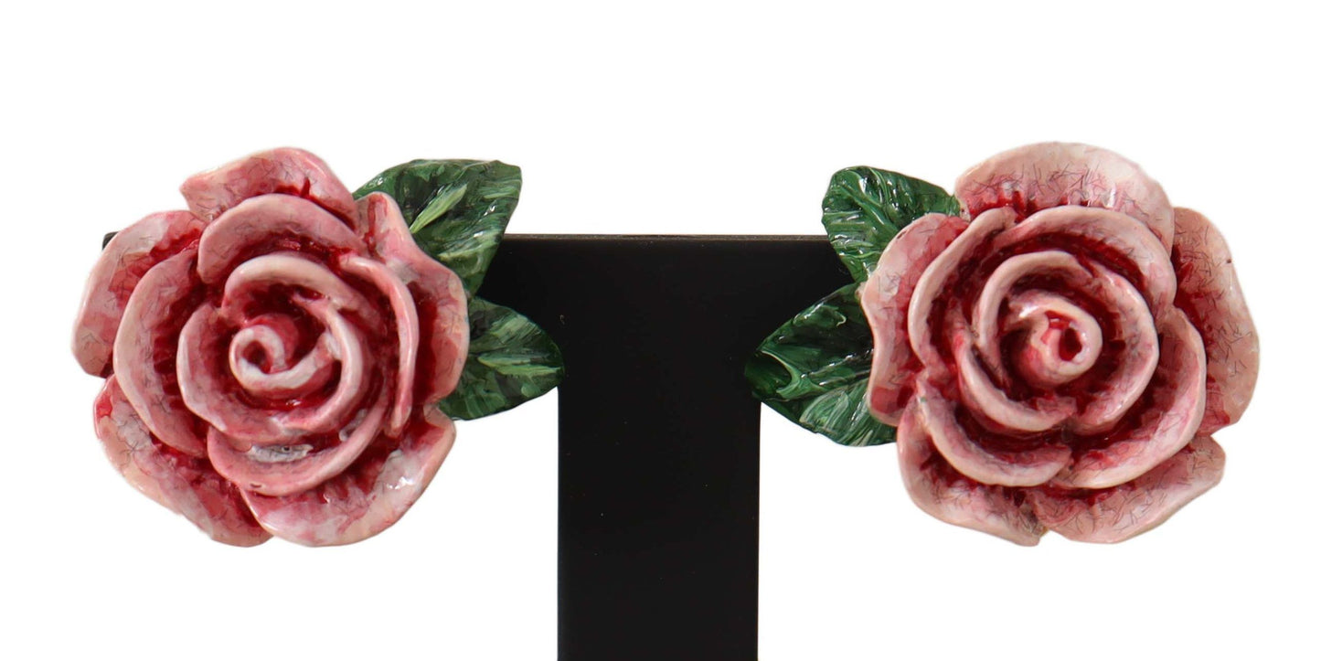 Enchanting Rose Clip Earrings in Pink and Gold