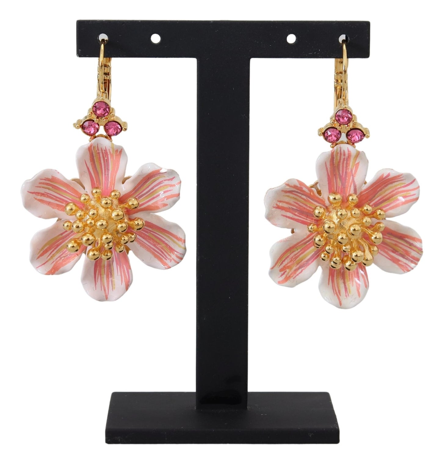 Elegant Gold & Pink Floral Dangling Earrings