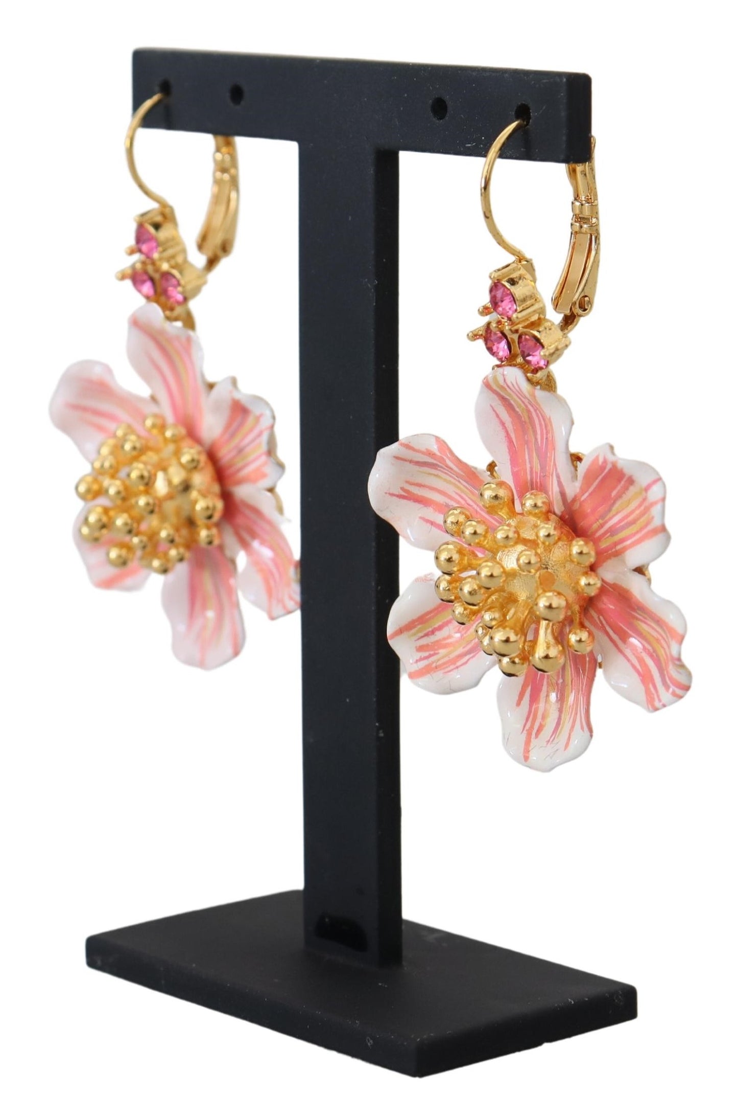 Elegant Gold & Pink Floral Dangling Earrings