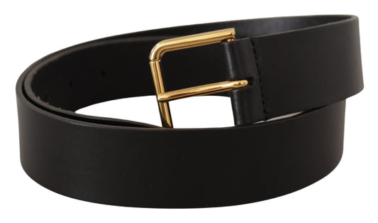 Elegant Black Leather Belt with Gold-Tone Buckle