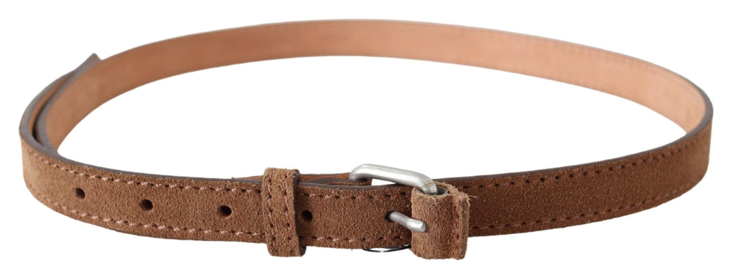 Brown Leather Slim Silver Buckle Waist Belt
