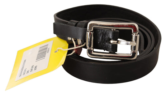 Elegant Black Leather Waist Belt with Silver Buckle