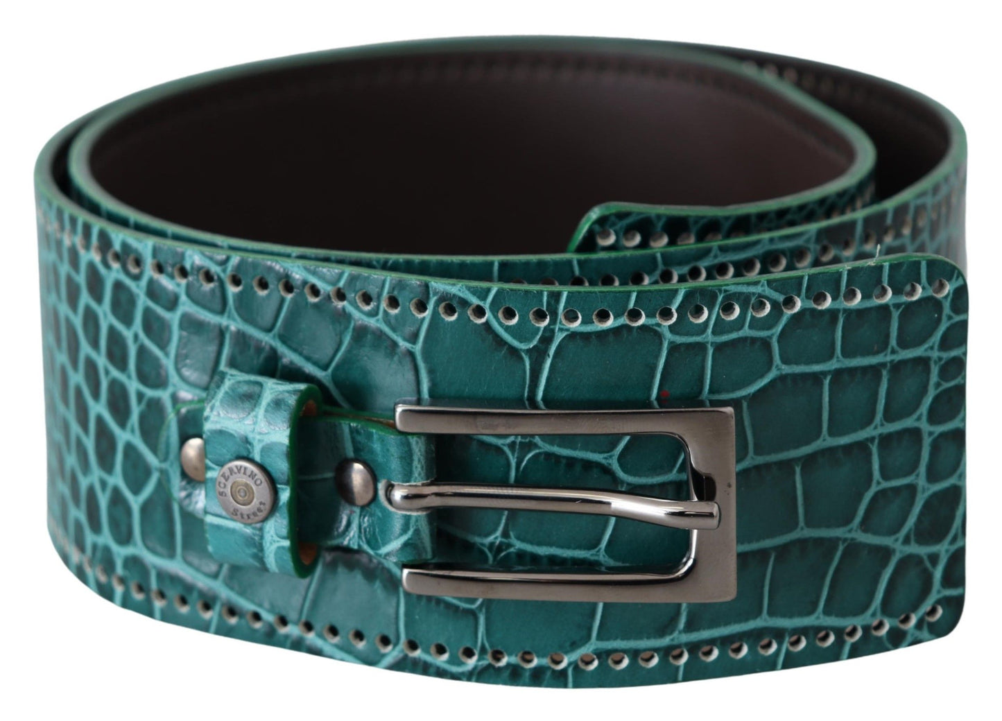 Blue Green Genuine Leather Faux Crocodile Buckle Belt
