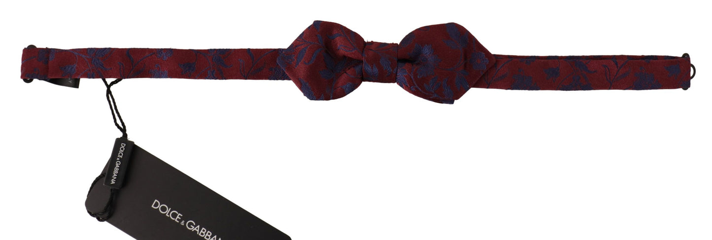 Maroon Silk Bow Tie with Blue Flower Pattern