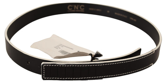 Chic Black Leather Fashion Belt with White Accents