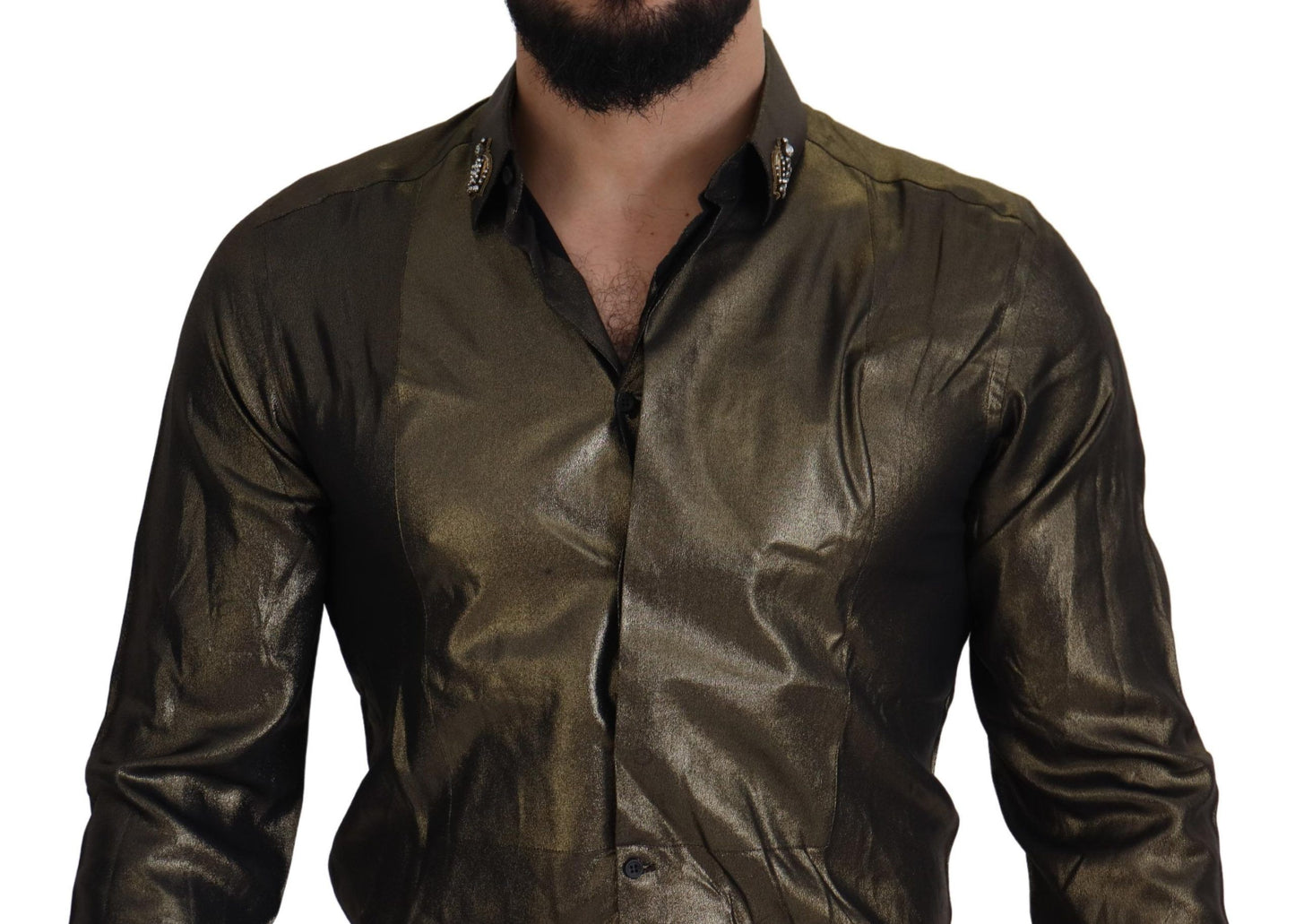 Elegant Gold Slim Fit Shirt with Crown Embroidery