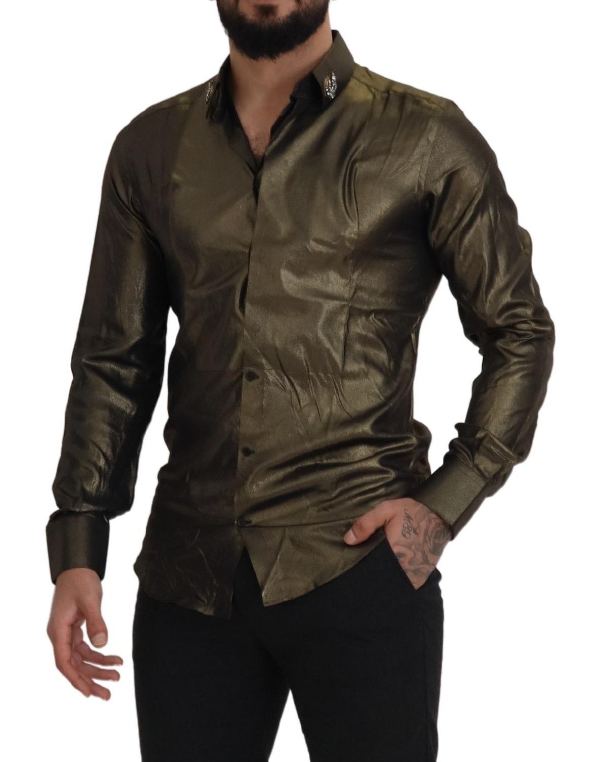 Elegant Gold Slim Fit Shirt with Crown Embroidery