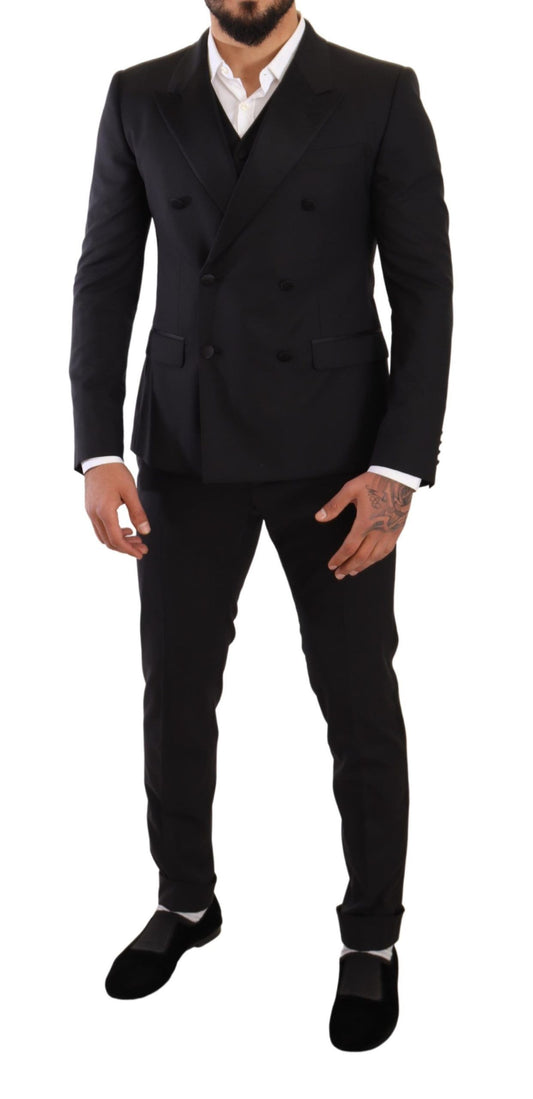 Sleek Black Three-Piece Wool Silk Suit