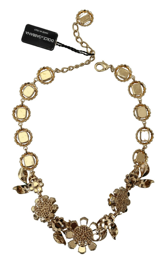 Gold Brass Crystal Logo Floral Statement Necklace