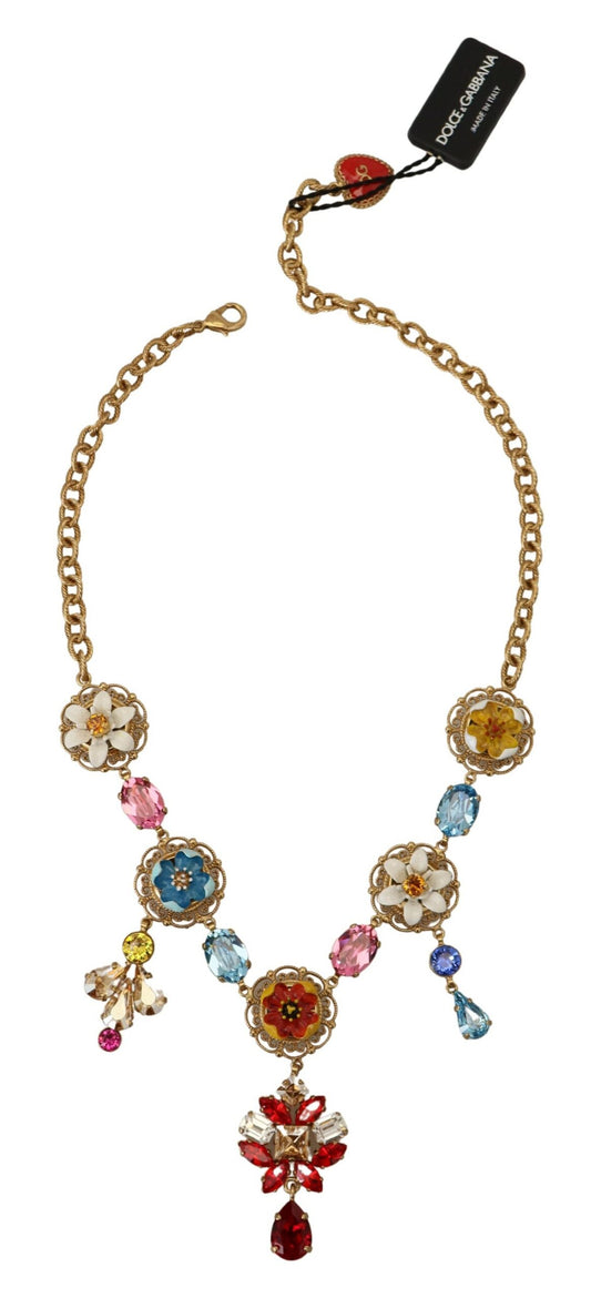Gold Brass Crystal Logo Floral Statement Necklace