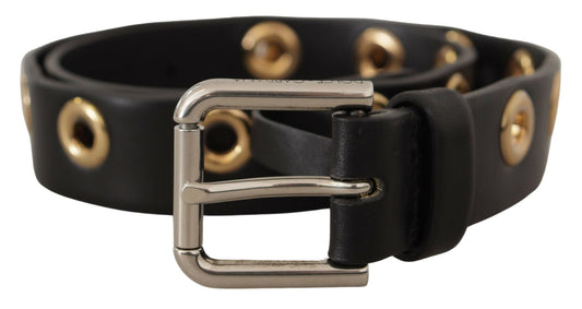 Chic Black Leather Belt with Engraved Buckle
