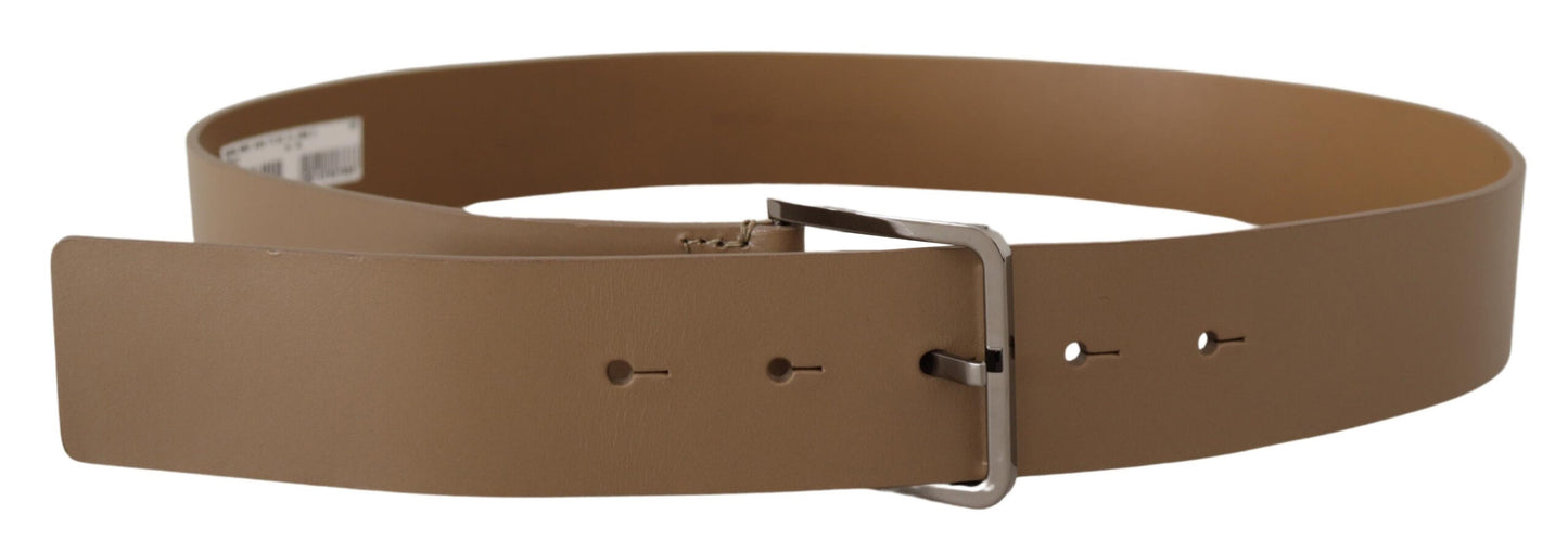 Beige Leather Statement Belt with Silver Buckle