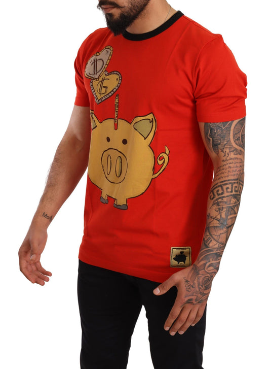 Chic Red Piggy Bank Print Tee with Black Piping