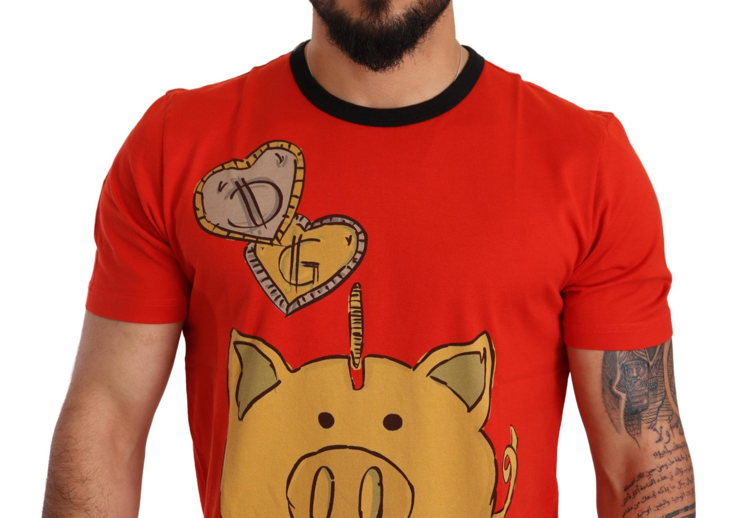 Chic Red Piggy Bank Print Tee with Black Piping
