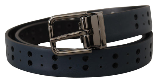 Elegant Blue Leather Belt with Metal Buckle