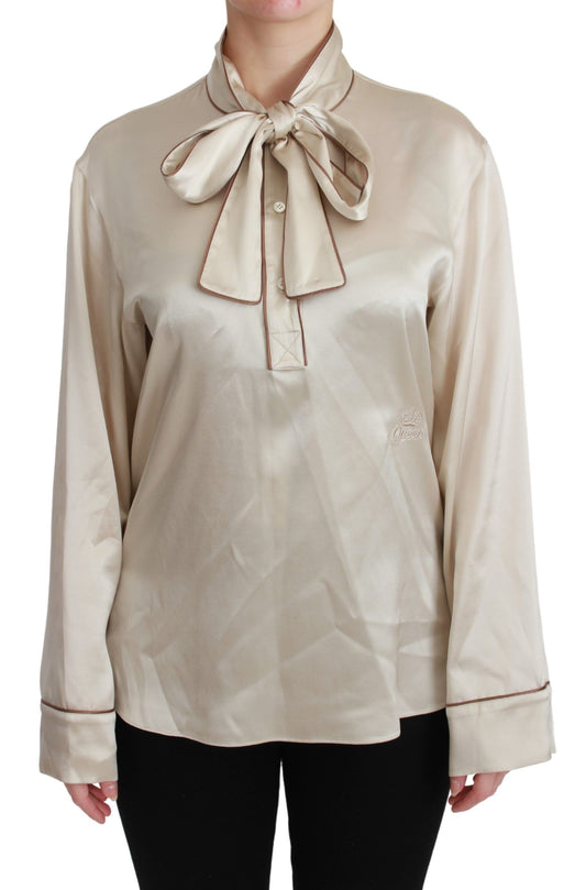 Elegant Beige Silk Satin Blouse with QUEEN Embroidery