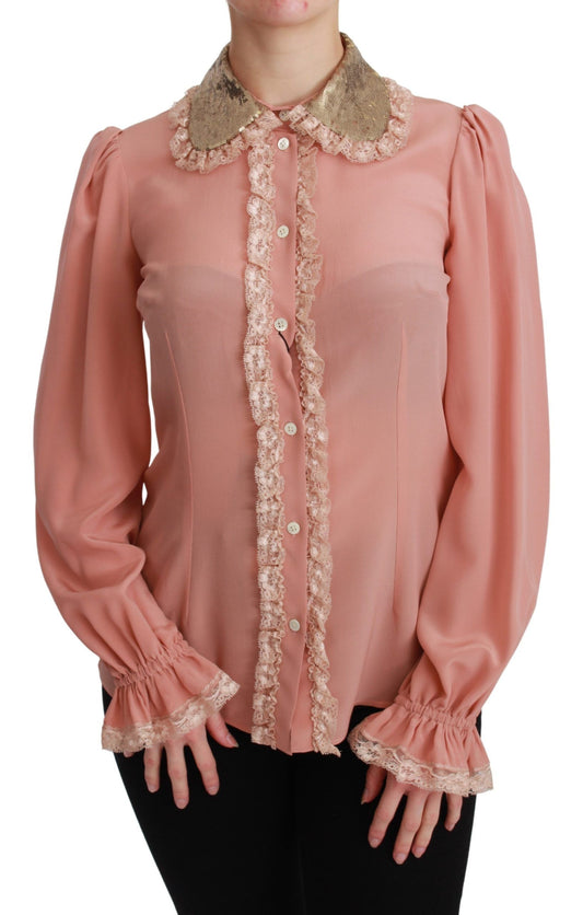 Elegant Pink Lace Silk Blouse with Gold Sequins