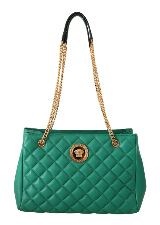 Elegant Quilted Green Nappa Tote with Medusa Charm