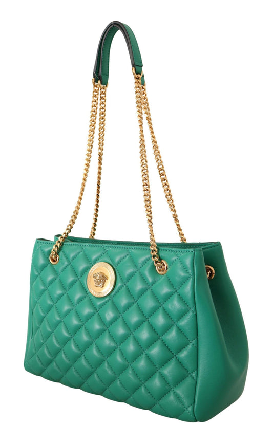 Elegant Quilted Green Nappa Tote with Medusa Charm