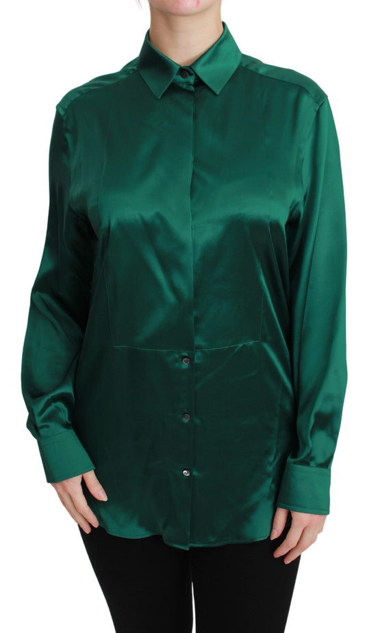 Elegant Silk Collared Blouse in Lush Green