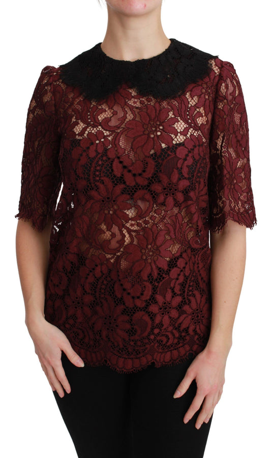Maroon Floral Lace Short Sleeve Blouse