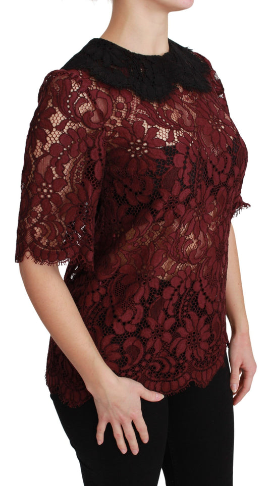 Maroon Floral Lace Short Sleeve Blouse