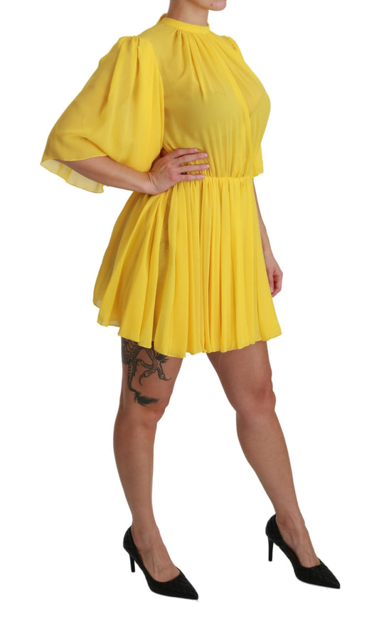 Silk Pleated A-line Mini Dress in Sunshine Yellow