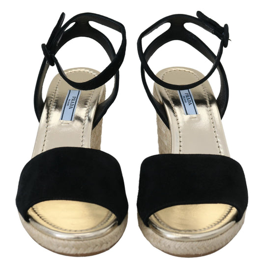 Black Wedges Sandals Ankle Strap Suede Leather Shoes