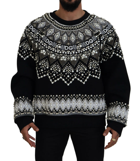 Elegant Black Embellished Cotton Sweater