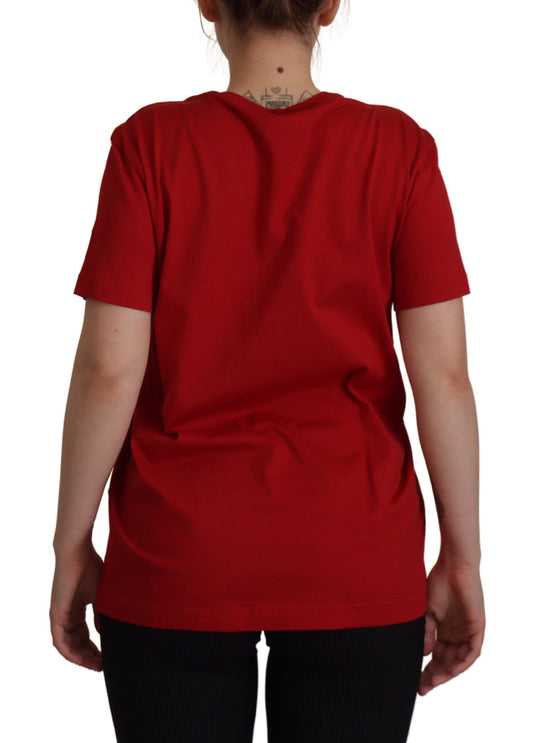 Red Cotton Round Neck Tee with Crown Print