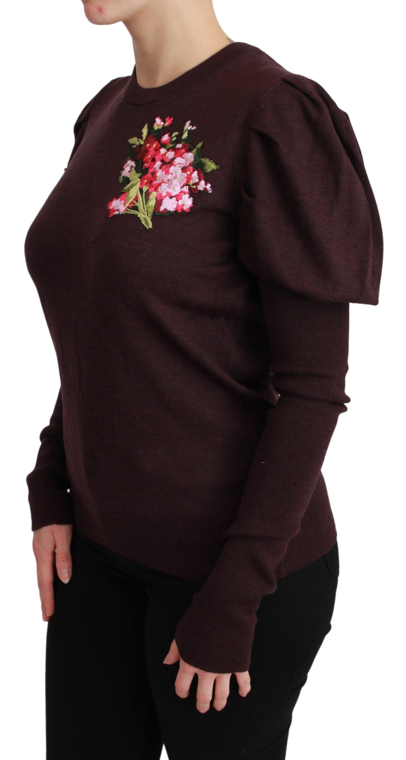 Maroon Floral Embroidered Virgin Wool Sweater