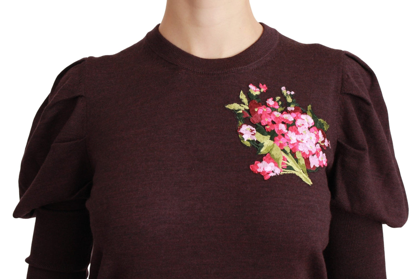 Maroon Floral Embroidered Virgin Wool Sweater