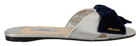 Metallic Silver Leather Sandals Slip On Flats Shoes