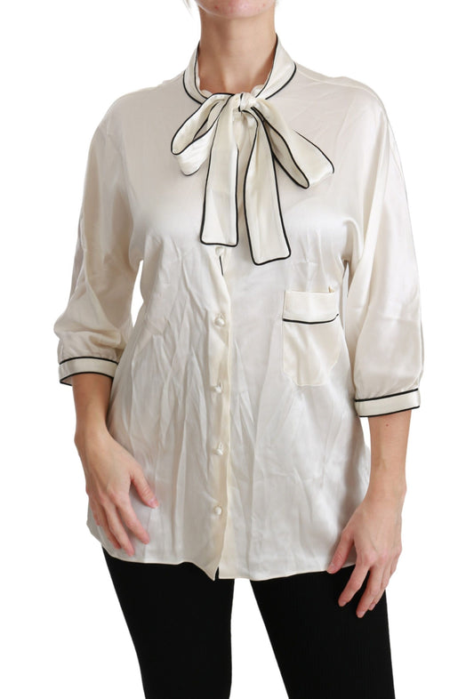 Elegant Beige Silk Blouse with Bow Scarf